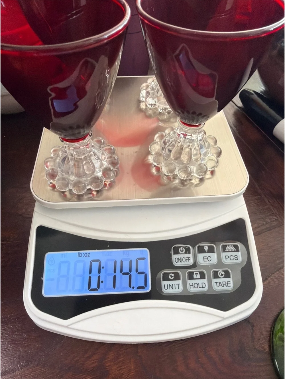 Set of 4 Ruby Red Goblets with Clear Bubble Stem Design